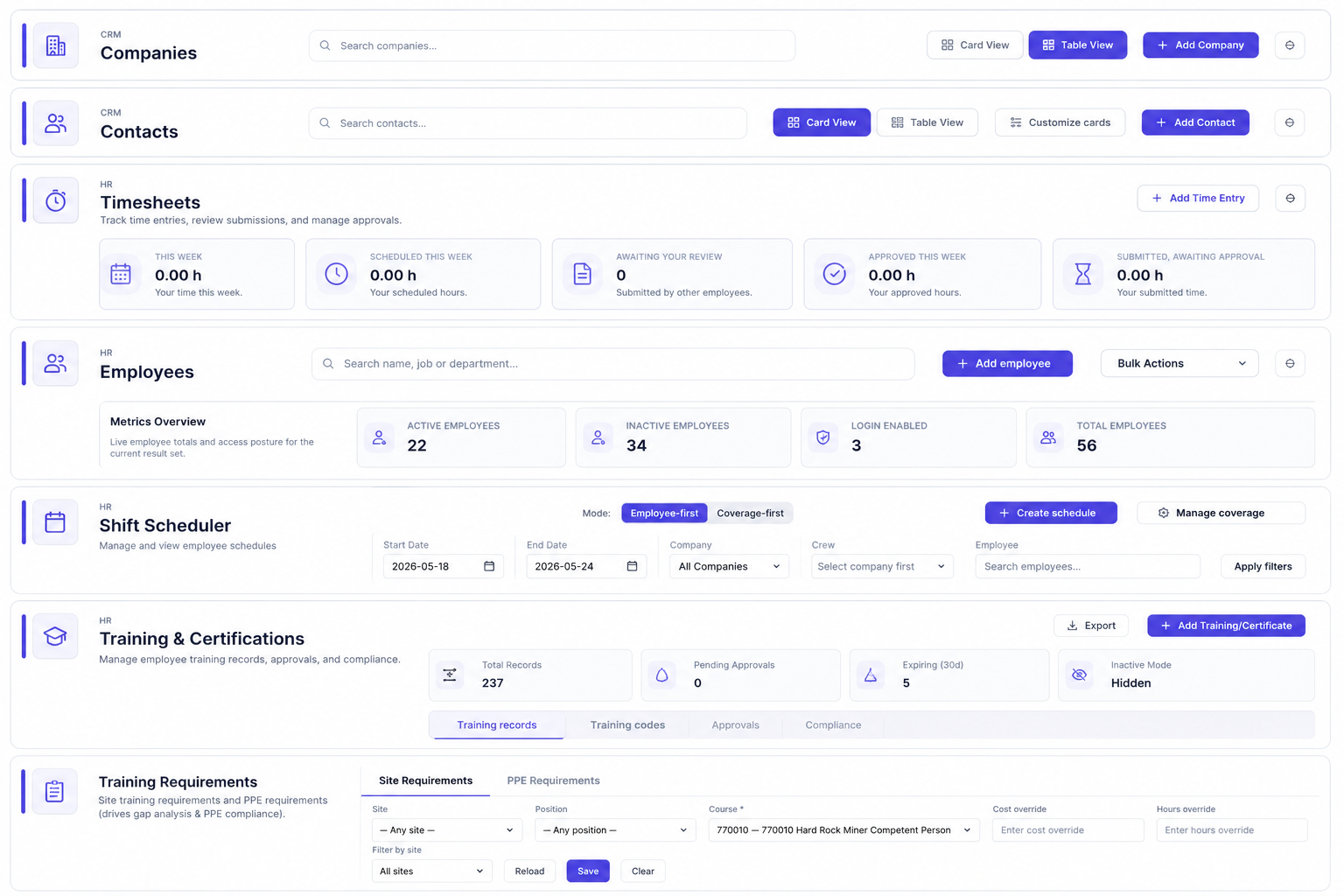 WorkNexus platform — companies, contacts, timesheets, employees, scheduling and training modules